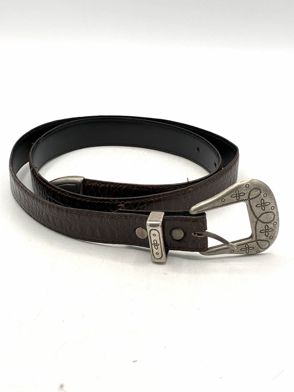 Vintage Brown Croc Embossed Belt Size 14 Ornate Silver Tone Western Buckle